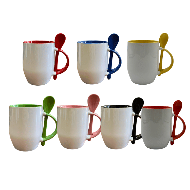 Caneca Arredondada em Cerâmica com Colher e interior Colorido 325ml