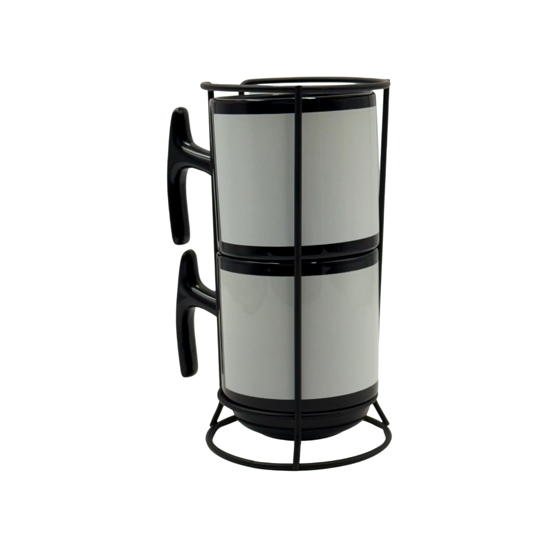 Torre 2 Xícaras Cerâmica Preta/ Tarja Branca C/Suporte Metal Preto Majestic 325ml - 3927