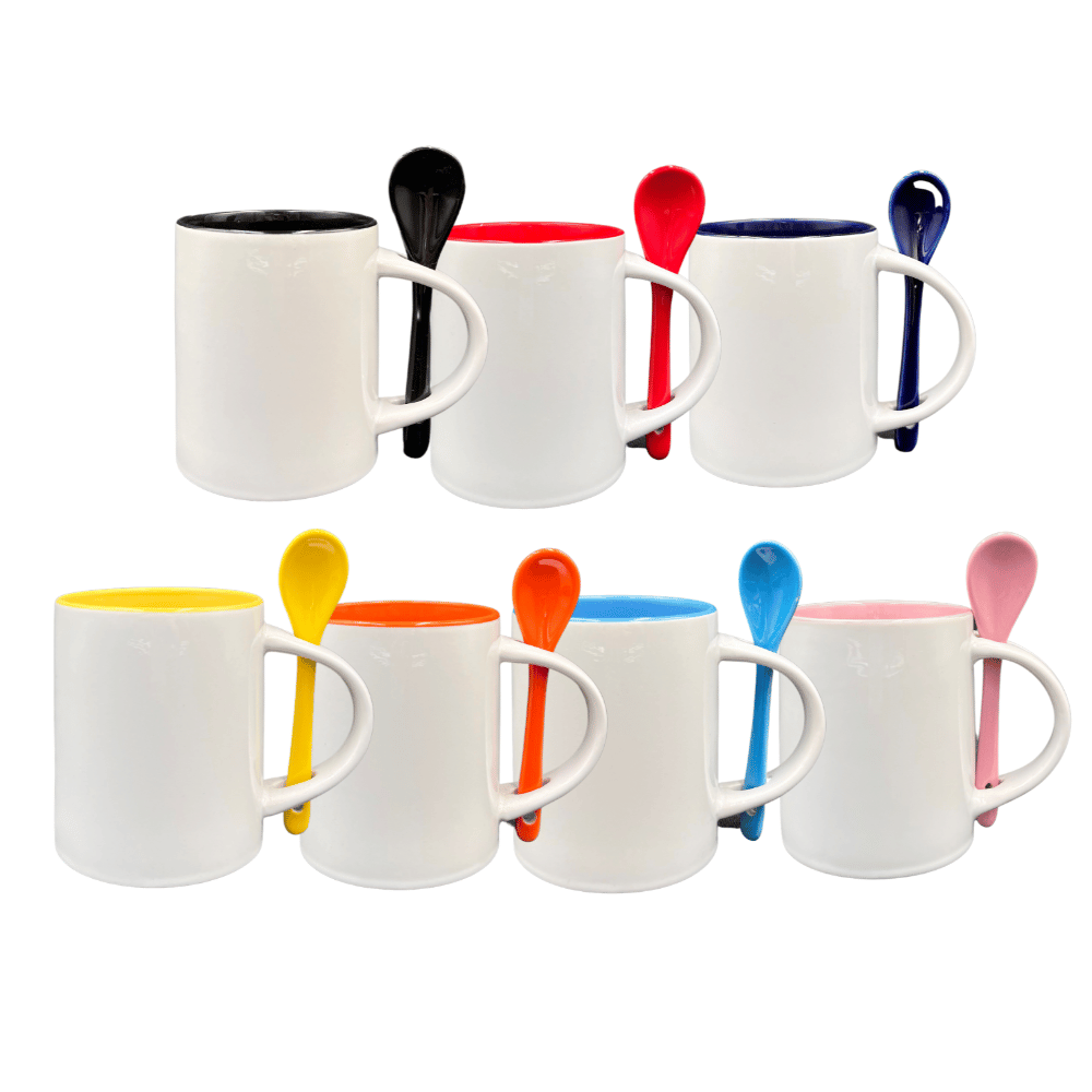 Caneca Reta em Cerâmica com Colher e Interior Colorido 325ml