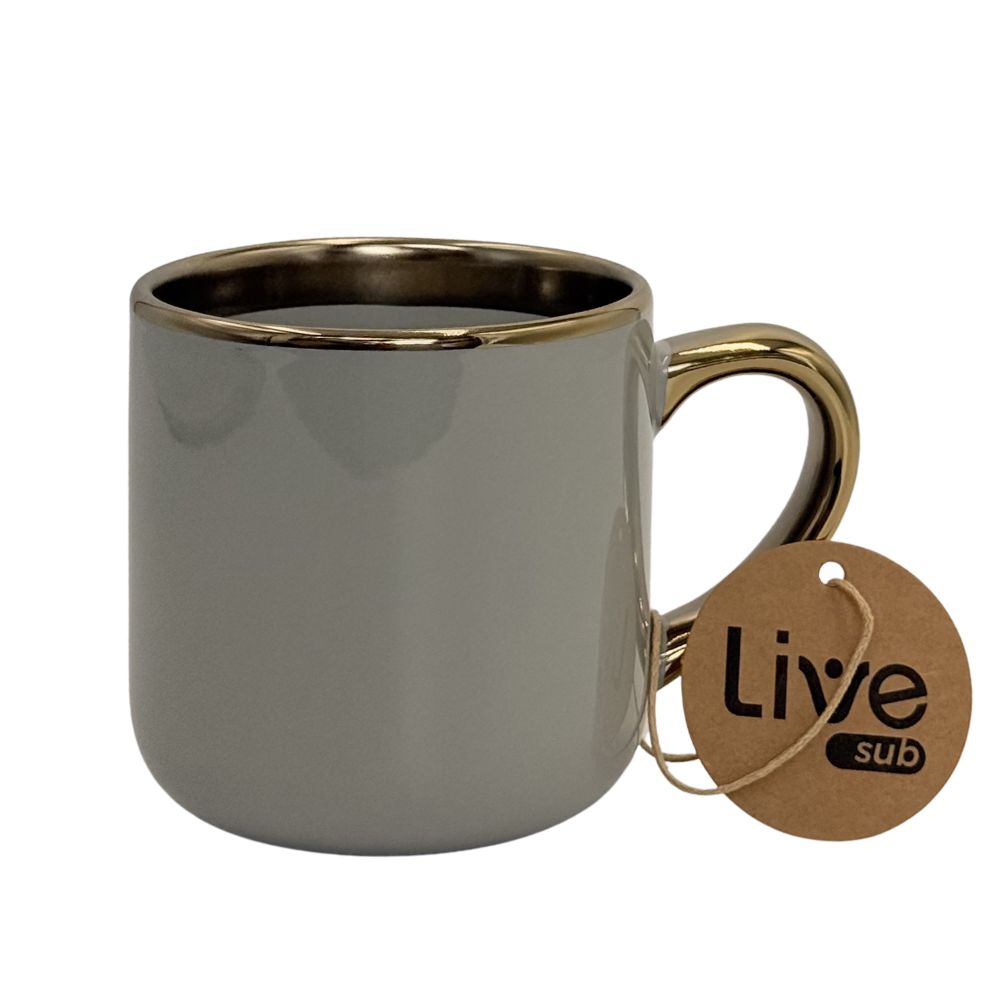 Caneca Cerâmica Imperial C/Alça e Borda Ouro 400ml Cinza - 2875